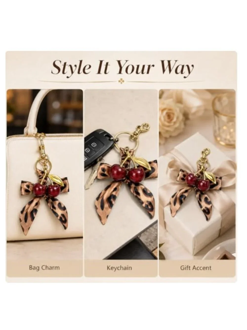 Cherry Keychain Bow Leopard Cheetah Bag Charm Red Purse Handbag Accessory